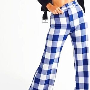 Free People Size 2 Jules Navy White Gingham Plaid Wide Leg Flare Pants